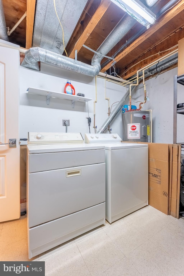 laundry room featuring water heater, laundry area, and washer and clothes dryer