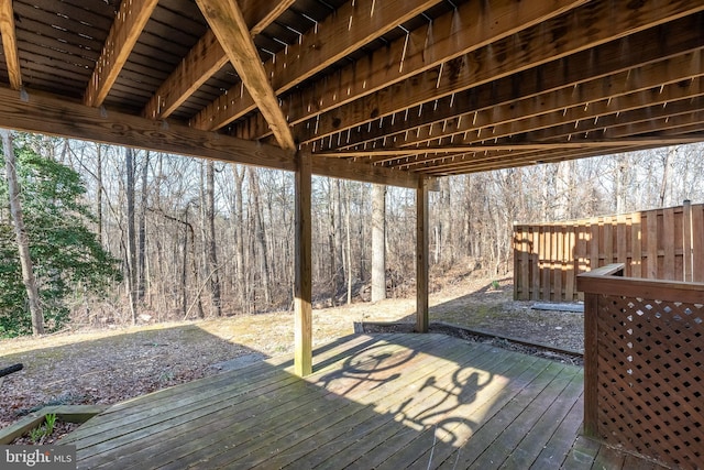 deck featuring a view of trees and fence