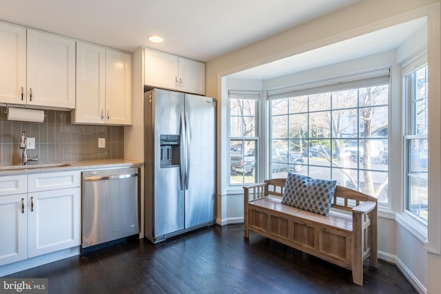 kitchen with a wealth of natural light, stainless steel appliances, tasteful backsplash, and light countertops