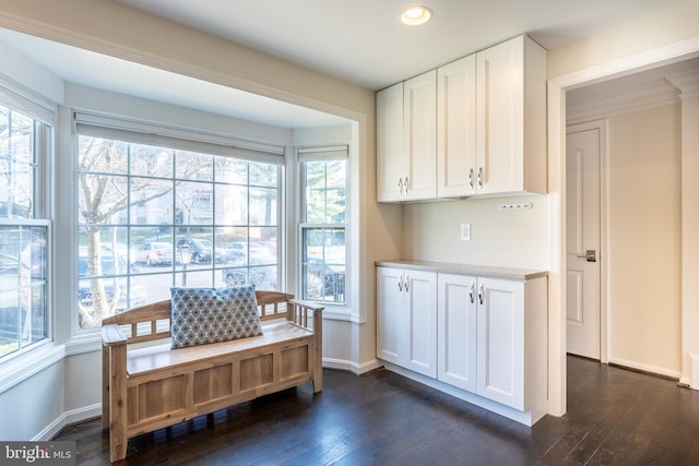 living area featuring recessed lighting, baseboards, and dark wood-style flooring