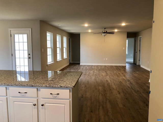 kitchen featuring light stone counters, ceiling fan, wood-type flooring, and white cabinets