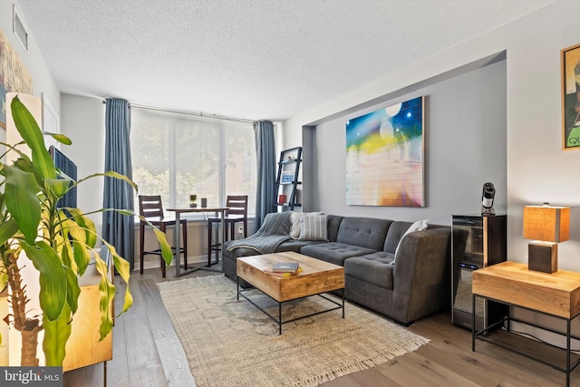 living room featuring hardwood / wood-style floors and a textured ceiling