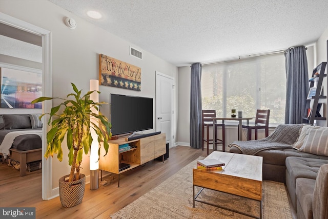 living room featuring light hardwood / wood-style floors and a textured ceiling