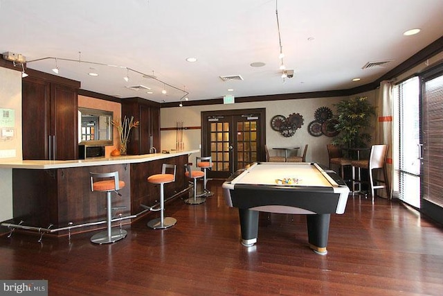 playroom featuring dark wood-type flooring, billiards, and french doors