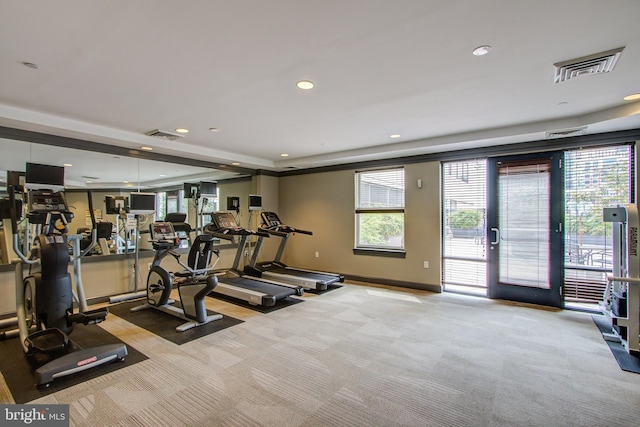 workout area featuring light carpet and a healthy amount of sunlight