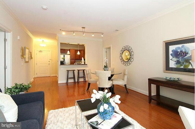 living room featuring ornamental molding, rail lighting, and wood-type flooring