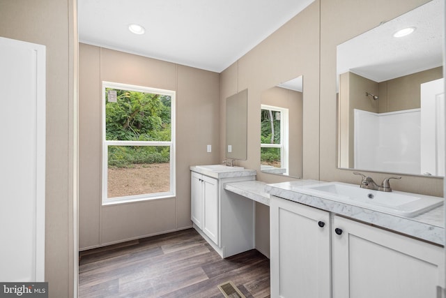 bathroom featuring vanity, hardwood / wood-style floors, a shower, and a wealth of natural light