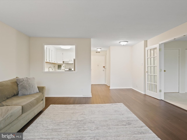 living room featuring hardwood / wood-style flooring and sink