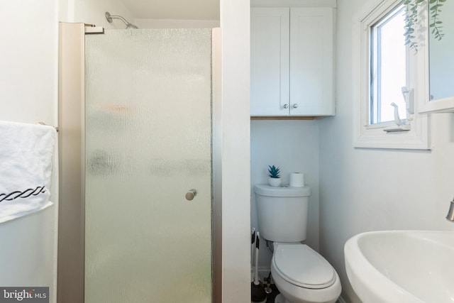 full bath featuring a sink, toilet, and a shower stall