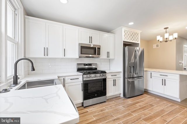 kitchen with sink, white cabinetry, hanging light fixtures, stainless steel appliances, and decorative backsplash