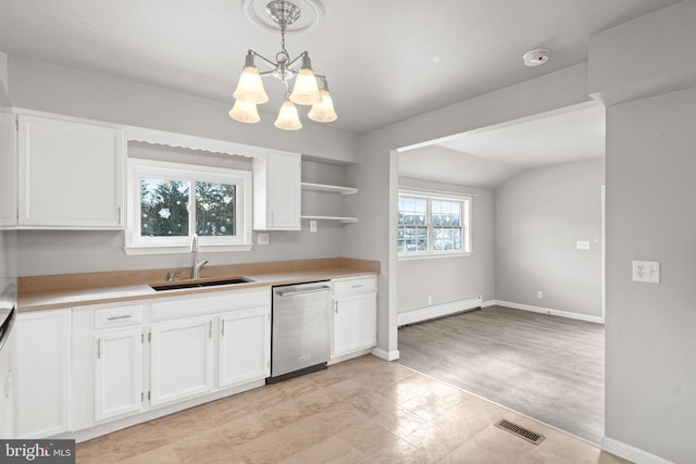 kitchen featuring visible vents, a baseboard heating unit, stainless steel dishwasher, white cabinetry, and a sink