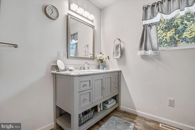 bathroom with hardwood / wood-style flooring and vanity