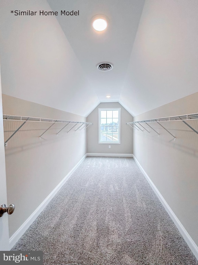 spacious closet with vaulted ceiling and carpet flooring