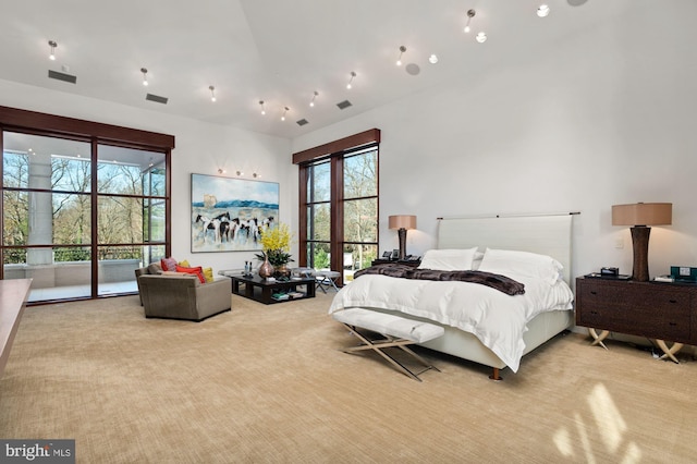 bedroom with multiple windows, access to exterior, and light colored carpet