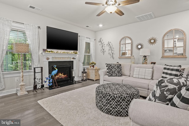 living room featuring ceiling fan and hardwood / wood-style floors