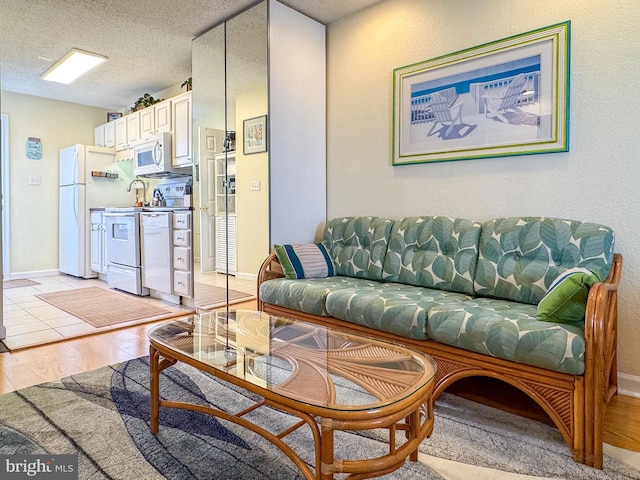 living room featuring a textured ceiling and light hardwood / wood-style flooring