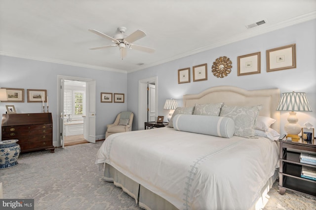 carpeted bedroom featuring crown molding and ceiling fan