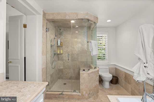 bathroom with vanity, a shower with shower door, and toilet