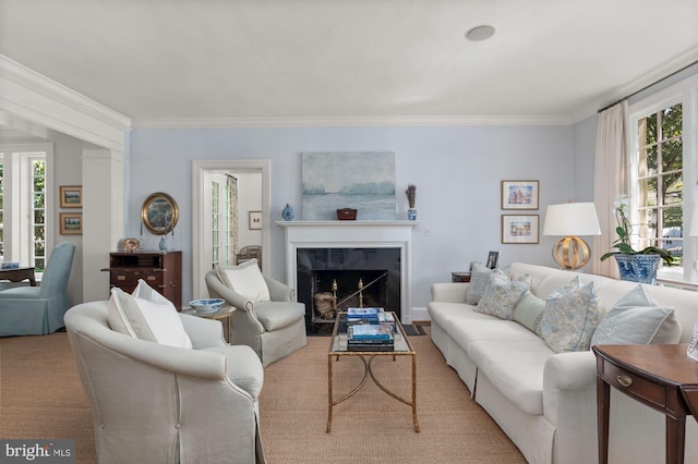 living room with ornamental molding and a fireplace