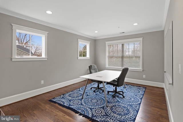 home office featuring crown molding and dark hardwood / wood-style floors