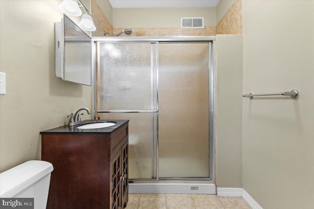 bathroom featuring a stall shower, vanity, visible vents, and tile patterned floors