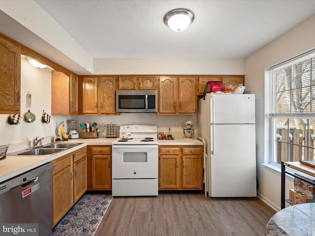 kitchen with stainless steel appliances, sink, a textured ceiling, and light wood-type flooring