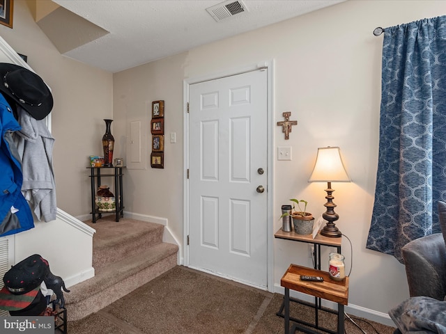 entrance foyer featuring carpet and a textured ceiling