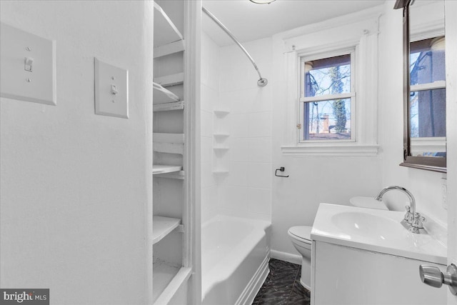 full bathroom featuring toilet, vanity, and bathtub / shower combination