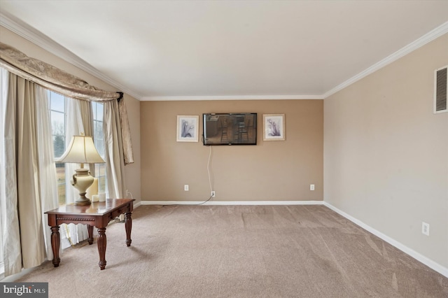 unfurnished room featuring light carpet and ornamental molding