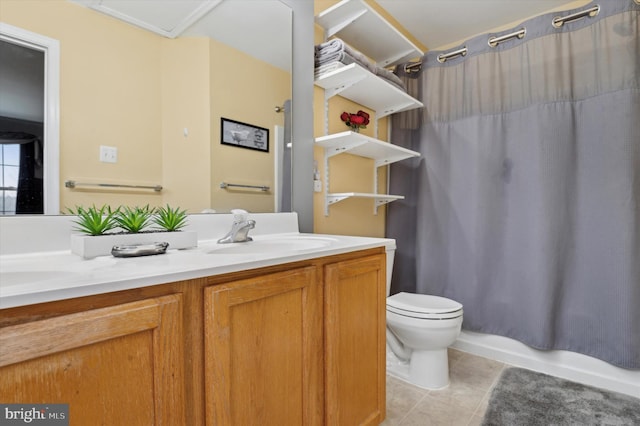 full bathroom with tile patterned flooring, vanity, shower / tub combo with curtain, and toilet