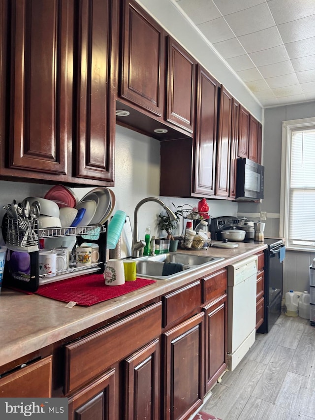 kitchen featuring black appliances, light wood finished floors, a sink, and light countertops