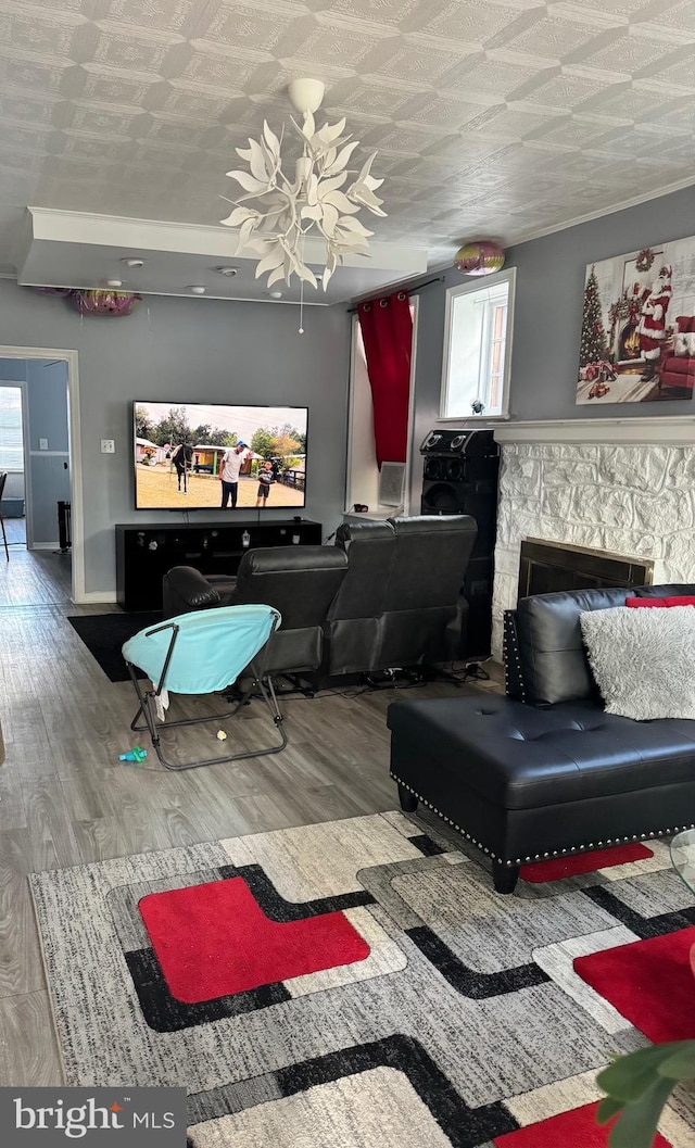 living area featuring a stone fireplace and wood finished floors