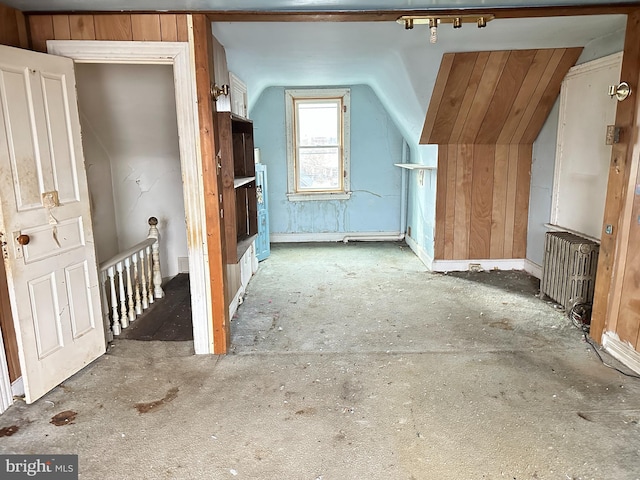 additional living space featuring radiator heating unit and vaulted ceiling