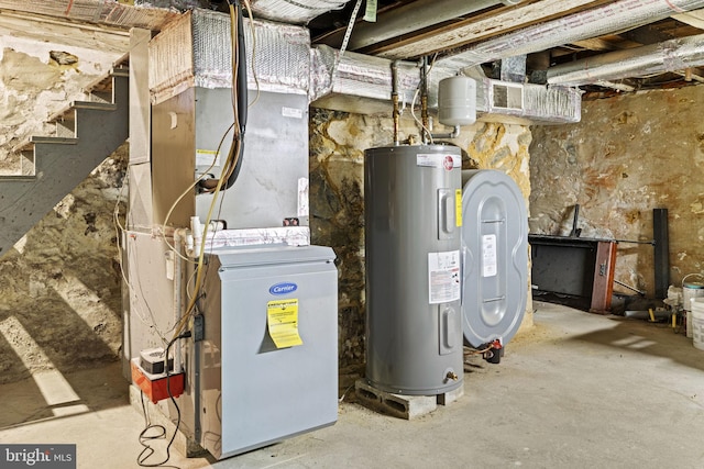 utility room featuring electric water heater and heating unit