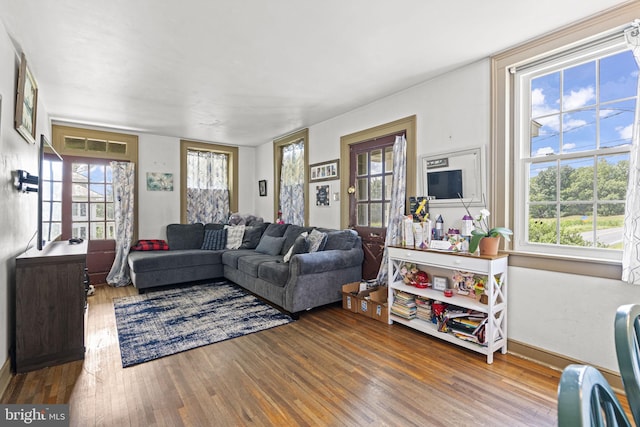 living room with hardwood / wood-style flooring and a wealth of natural light