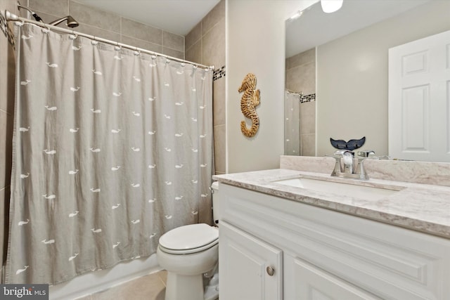 full bathroom featuring vanity, tile patterned flooring, toilet, and shower / tub combo with curtain