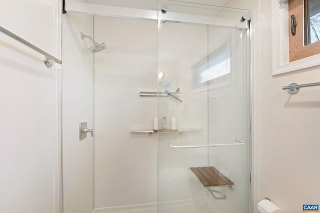 bathroom featuring an enclosed shower and a wealth of natural light