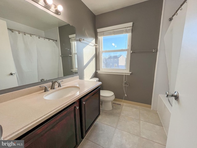 full bathroom featuring vanity, tile patterned flooring, shower / bath combination with curtain, and toilet