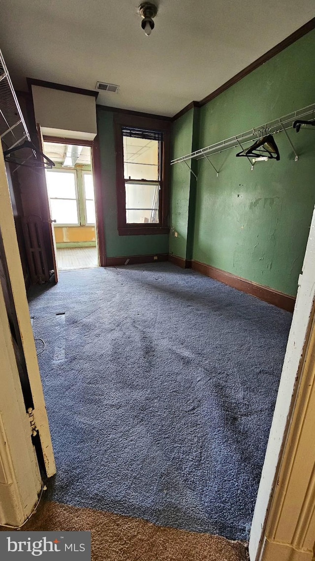 spare room featuring ornamental molding and dark carpet