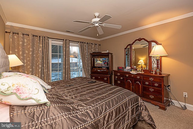 carpeted bedroom with access to exterior, crown molding, and ceiling fan