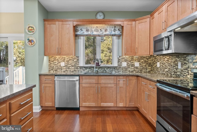 kitchen featuring sink, dark wood-type flooring, appliances with stainless steel finishes, tasteful backsplash, and dark stone counters