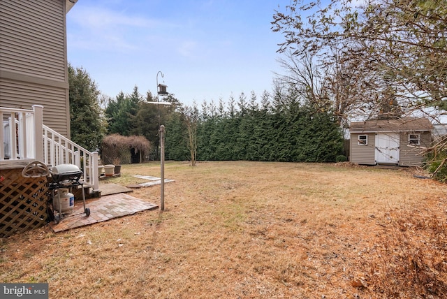 view of yard with a storage shed and a patio area