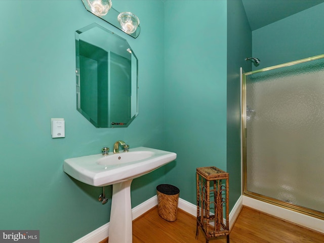 bathroom with hardwood / wood-style floors