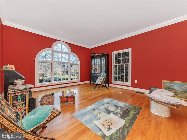 sitting room with crown molding and wood-type flooring