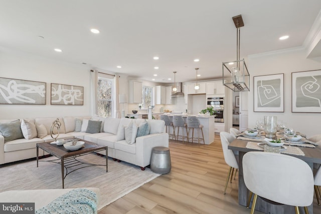 living room with ornamental molding and light hardwood / wood-style flooring