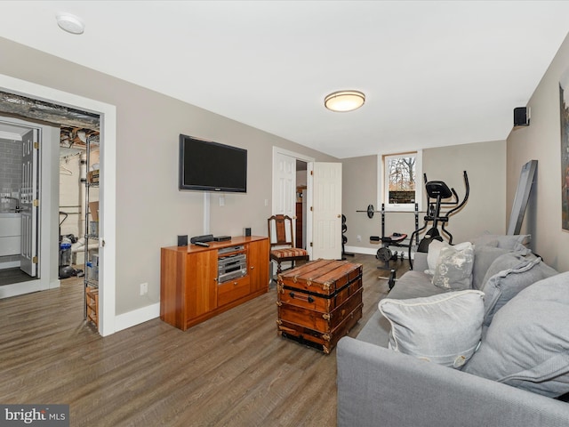 living room with dark hardwood / wood-style flooring