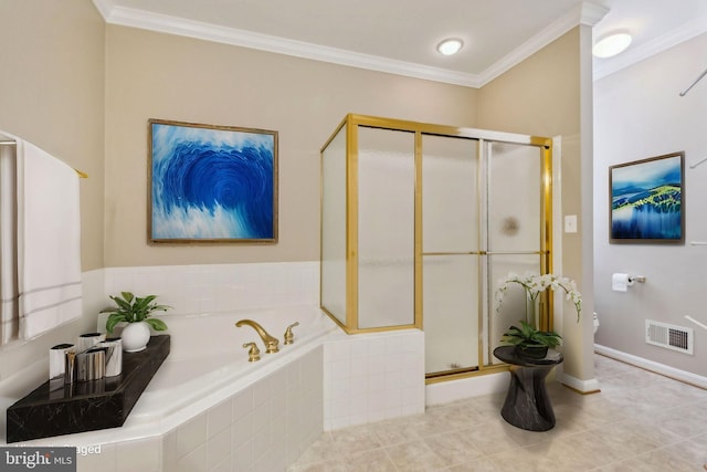 bathroom featuring crown molding, plus walk in shower, and tile patterned flooring