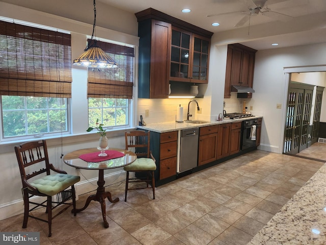 bar with ceiling fan, a sink, tasteful backsplash, stainless steel dishwasher, and under cabinet range hood