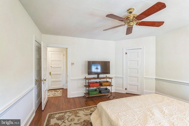 bedroom with ceiling fan and wood finished floors