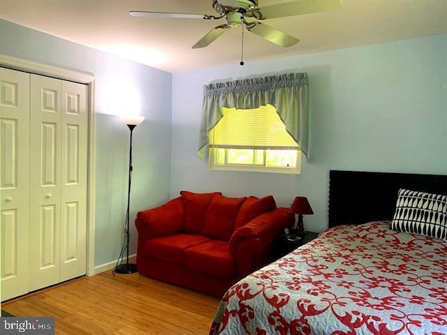 bedroom featuring ceiling fan, wood-type flooring, and a closet